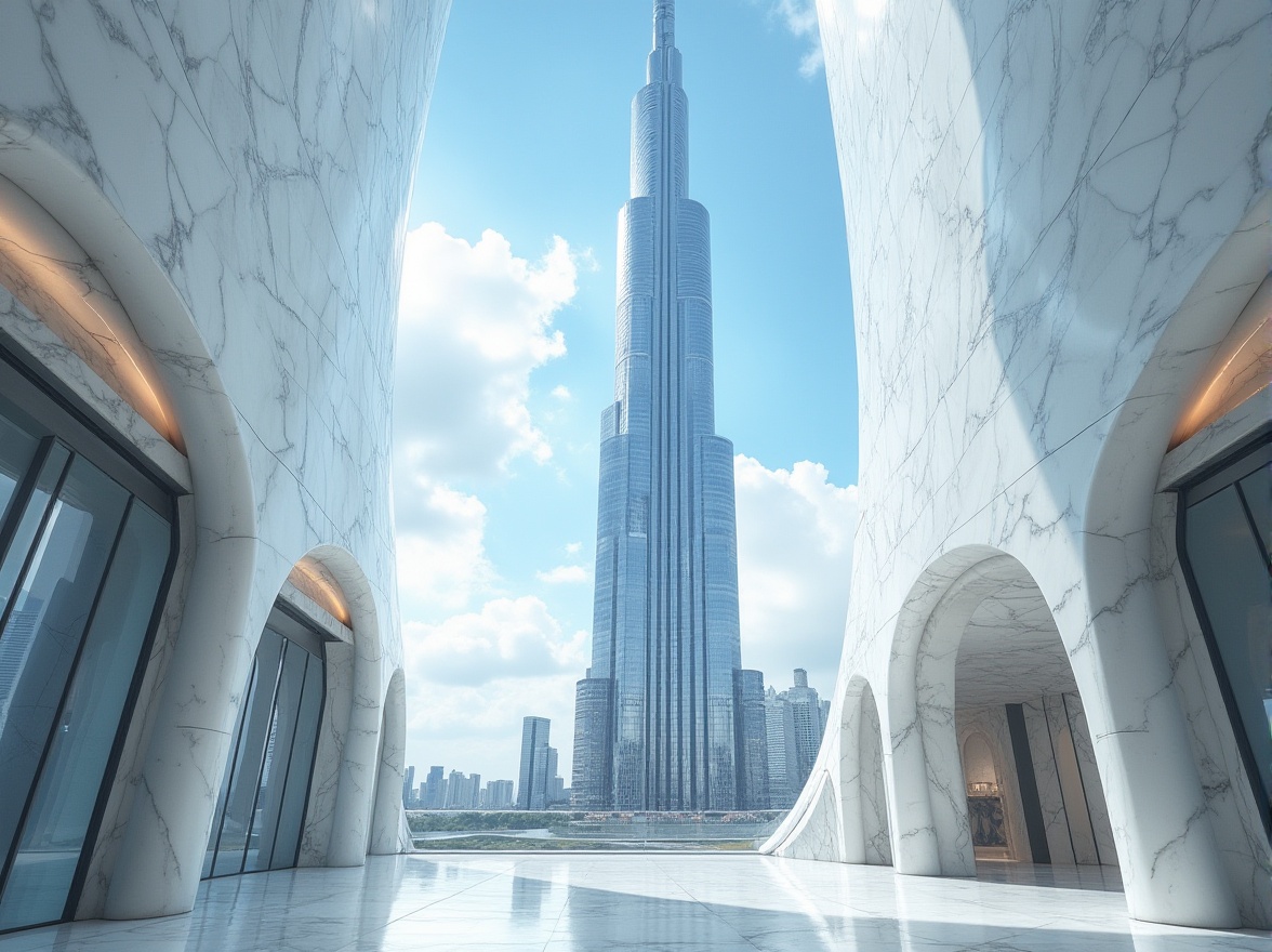 Prompt: Luxurious skyscraper, modern architecture, marble material, white-gray veined pattern, glossy finish, reflective surface, sleek lines, minimalist decor, spacious interior, high-rise building, urban cityscape, blue sky, fluffy clouds, dramatic lighting, low-angle shot, symmetrical composition, futuristic ambiance.