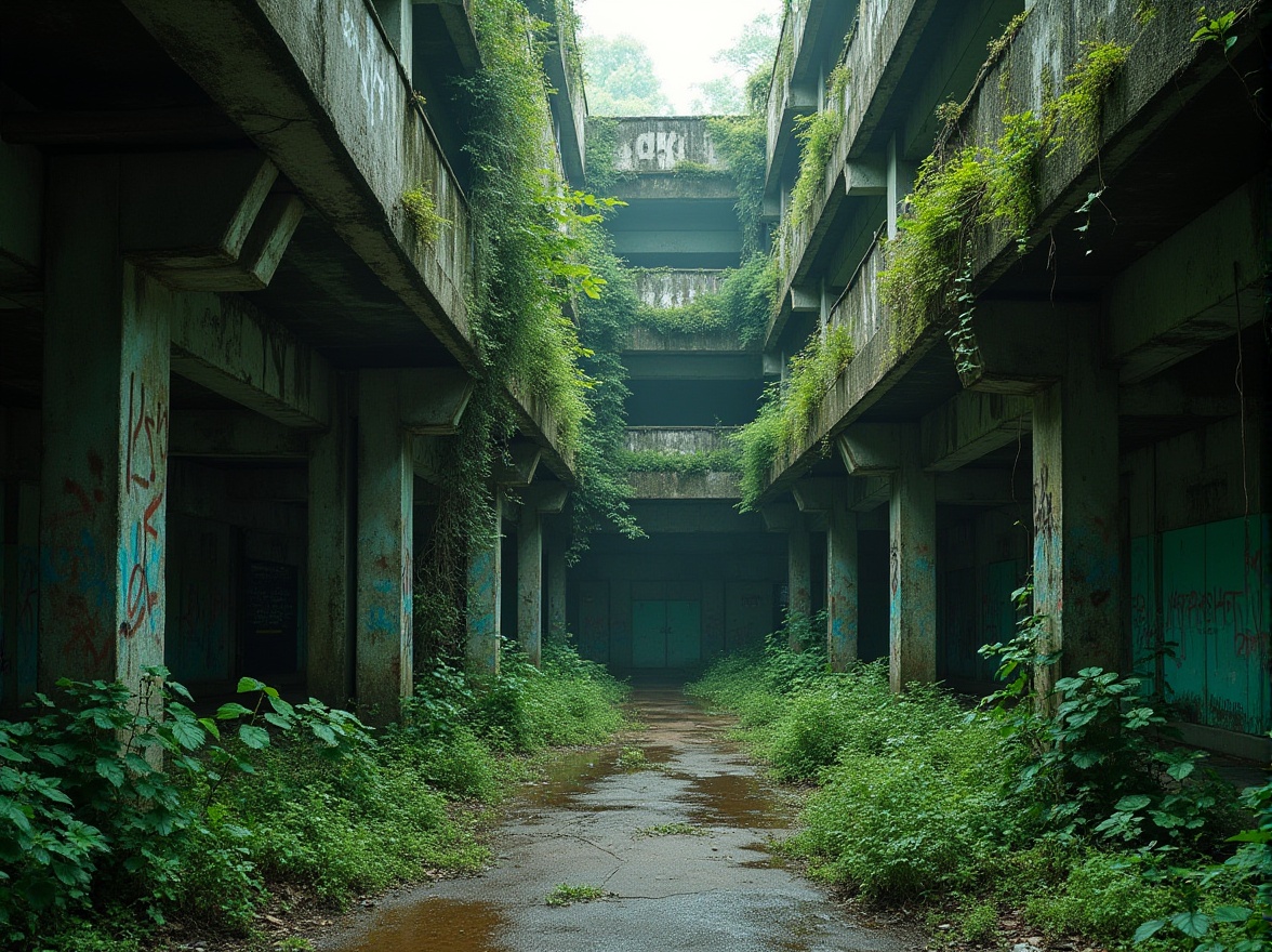 Prompt: Brutalist architecture, green accents, urban jungle, abandoned building, overgrown plants, vines crawling up concrete walls, steel beams, rugged textures, moss-covered roofs, industrial pipes, distressed finishes, vibrant green graffiti, urban decay, atmospheric perspective, cinematic lighting, low-angle shot, dramatic shadows, moody ambiance.