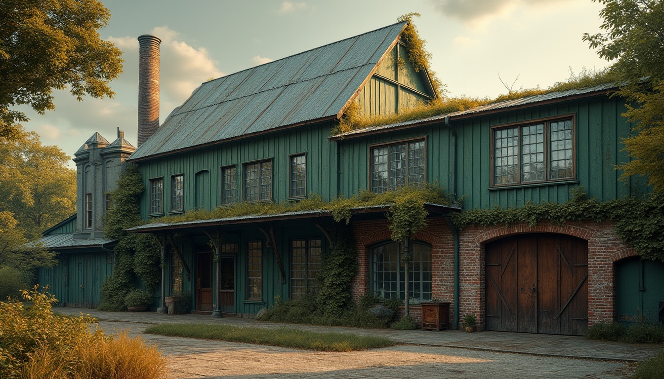 Prompt: Wheat color palette, factory green architecture, industrial building, modern design, metal framework, large windows, rustic brick walls, vines crawling up the sides, old chimney, worn wooden doors, rusty steel beams, natural light pouring in, warm tone, earthy atmosphere, urban landscape, cityscape, cloudy sky, dramatic shadows, high contrast, cinematic composition.