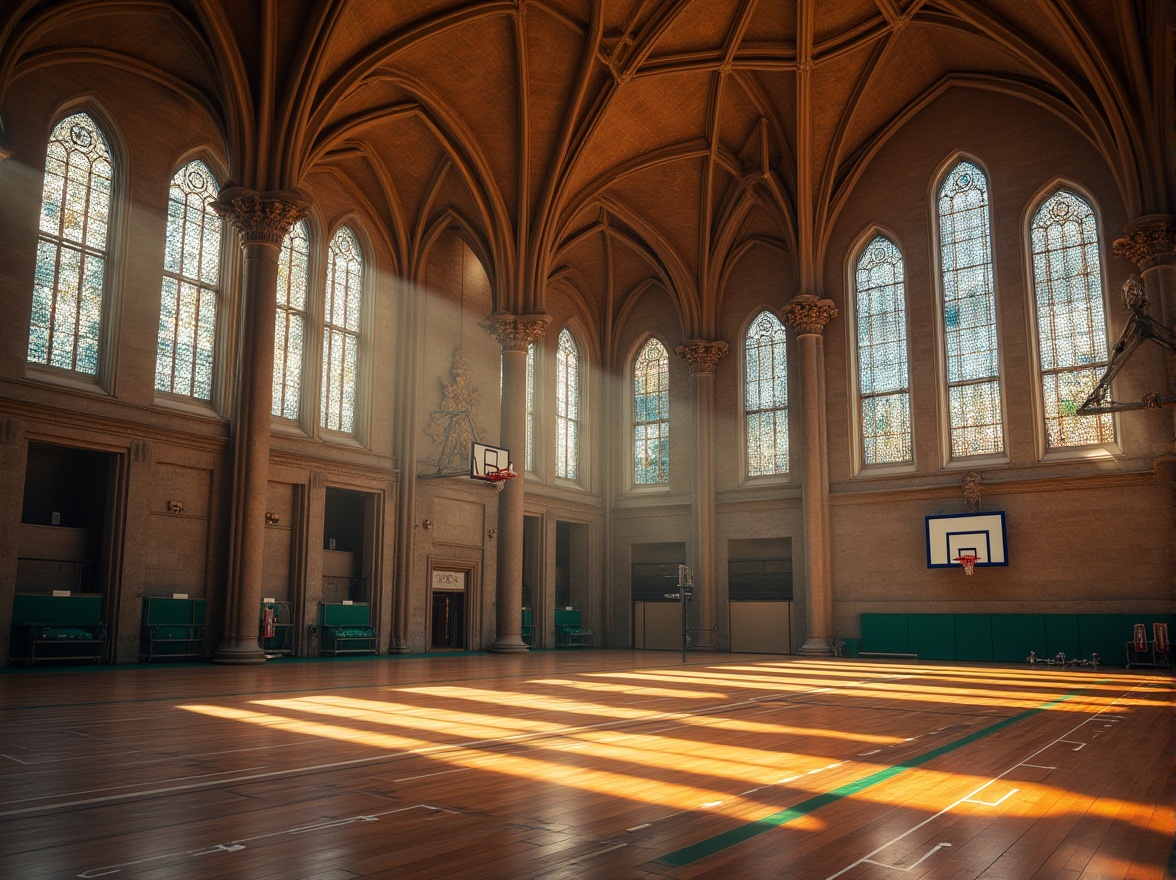 Prompt: Romanesque gymnasium, grandiose architecture, stone walls, high ceilings, large stained glass windows, ornate details, fiber-cement pillars, arches, ribbed vaults, athletic equipment, basketball hoops, running tracks, exercise machines, wooden floors, sports mats, ambient lighting, warm tones, cinematic composition, low-angle shot, dramatic shadows, 3/4 view.