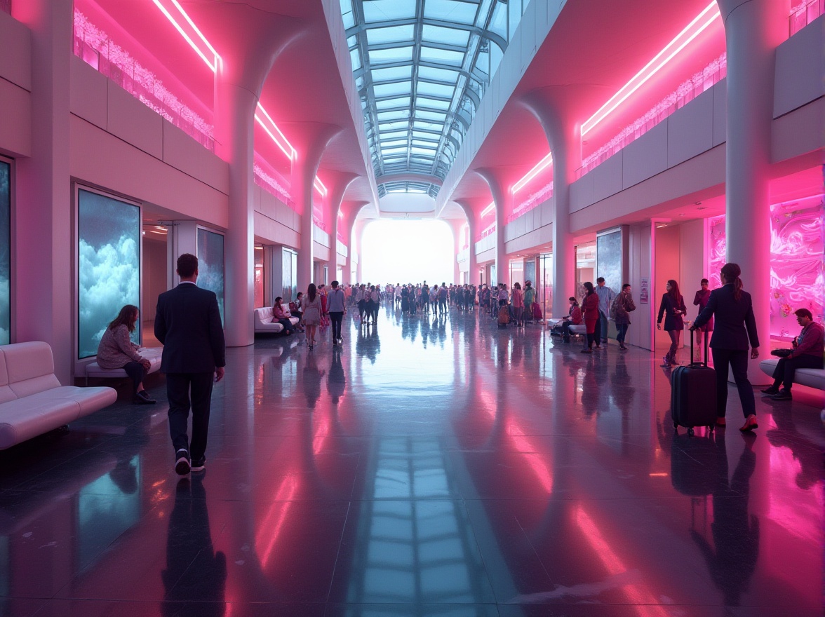 Prompt: Futuristic airport interior, magenta accent walls, sleek silver pillars, glossy black floors, modern minimalist benches, vibrant magenta LED lights, holographic advertisement displays, bustling atmosphere, people of different cultures walking, solo traveler with luggage, businesswoman on phone, airport staff in uniform, transparent glass ceiling, natural light pouring in, clouds visible from above, morning time, warm and cozy ambient lighting, 3/4 composition, high-angle shot.