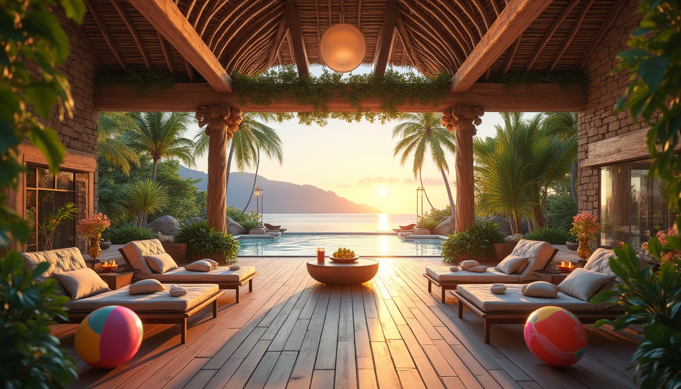 Prompt: Island oasis, fitness club interior, tropical plants, palm trees, exotic flowers, wooden decking, outdoor ambiance, natural stone walls, water features, infinity pool, lounge chairs, colorful beach balls, refreshing cocktails, healthy snacks, sunset view, panoramic windows, bright lighting, 3/4 composition, warm colors, inviting atmosphere.