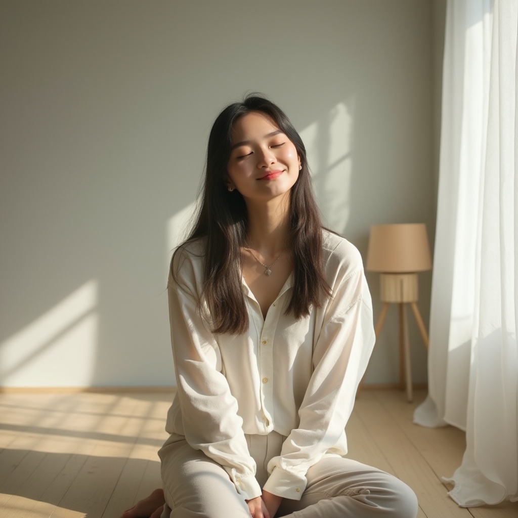 Prompt: Soft light gray walls, calming atmosphere, minimalist room, solo female figure, 25yo, relaxed posture, eyes closed, gentle smile, straight long hair, natural makeup, casual wear, plain white shirt, loose pants, bare feet, floor seating, Japanese-style interior, wooden flooring, subtle texture, warm soft lighting, shallow depth of field, cinematic composition.