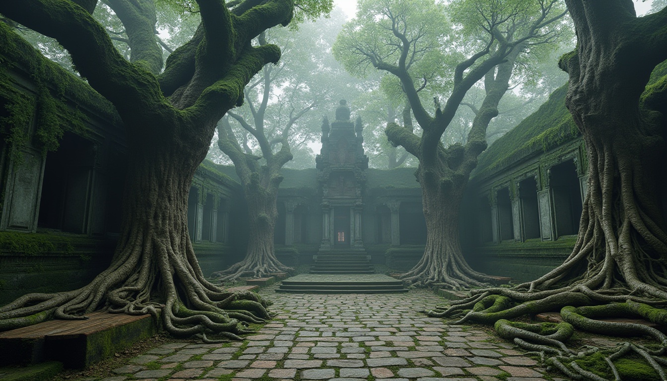 Prompt: Ancient trees, twisted branches, monumental architecture, forest surroundings, natural materials, stone walls, ivy covered pillars, misty atmosphere, soft lighting, foggy morning, mysterious ambiance, moss-covered grounds, giant roots, wooden benches, intricate carvings, earthy tones, serene composition, panoramic view, 3/4 perspective.