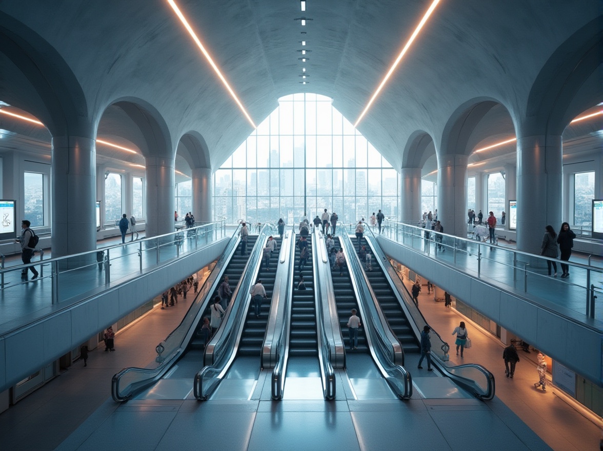 Prompt: Modern metro station, futuristic architecture, sleek lines, geometric shapes, minimalistic design, bright LED lights, stainless steel columns, gray concrete walls, escalators, stairs, platforms, trains, passengers in motion, busy atmosphere, morning rush hour, softbox lighting, 3/4 composition, panoramic view, urban landscape, city skyline, skyscrapers, abstract art installations, modern sculptures, clean typography, electronic display boards.