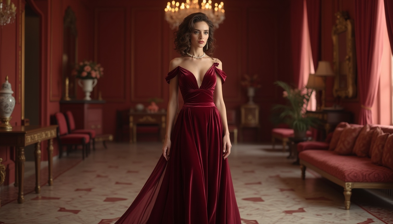 Prompt: Burgundy color scheme, luxurious interior design, elegant mature lady, curly brown hair, subtle makeup, pearl necklace, velvet evening gown, long train, flowing chiffon, high heels, ornate furniture, antique vase, crystal chandelier, marble floor, grand staircase, richly textured fabrics, intricate patterns, warm soft lighting, cinematic composition, 3/4 view, shallow depth of field.