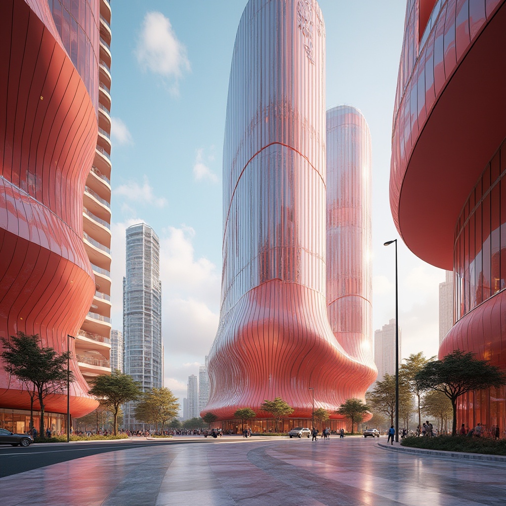 Prompt: Coral-colored skyscraper, futuristic architecture, sleek lines, glass and steel materials, reflective surface, urban cityscape, busy street, day time, sunny weather, few white clouds, dramatic lighting, low-angle shot, vibrant coral hue, gradient effect, metallic accents, modern minimalist interior design, marble floors, floor-to-ceiling windows, city view, metropolitan atmosphere.