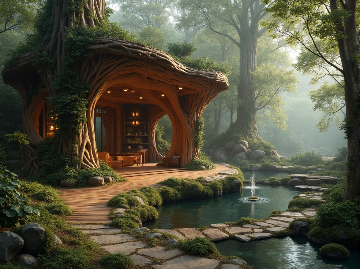 Prompt: Organic architecture, forest-inspired design, wooden structure, tree-like columns, leaf-shaped roof, vine-covered walls, moss-filled gaps, natural lighting, warm earthy tones, wooden flooring, stone pathways, water features, small pond, fountain, surrounding trees, dense foliage, misty atmosphere, soft morning light, 3/4 composition, shallow depth of field.