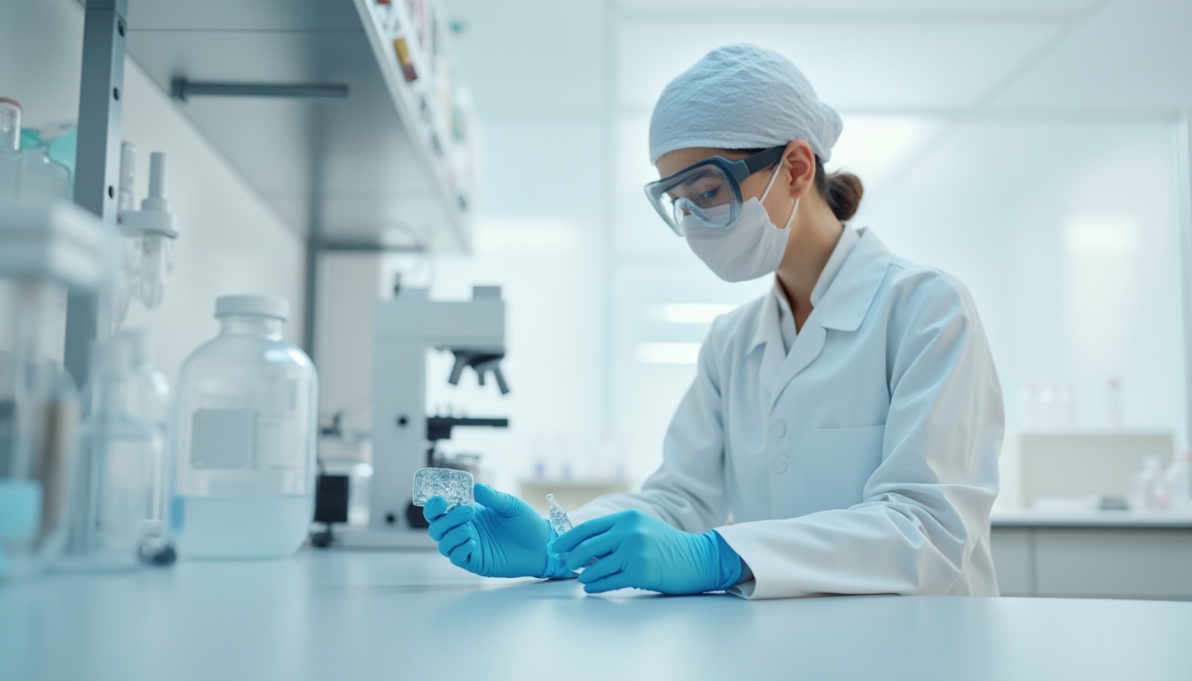 Prompt: Polyethylene material, white background, laboratory setting, scientist wearing goggles, gloves, lab coat, holding a polyethylene sample, microscope in the background, various beakers and test tubes, modern equipment, clean lines, minimalistic composition, bright lighting, shallow depth of field, focus on the scientist's hands, HD render, realistic texture, plastic material, detailed molecular structure.