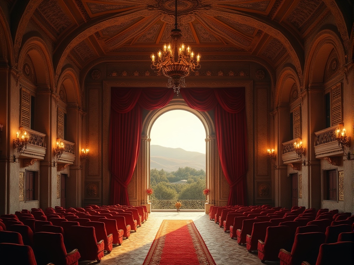 Prompt: Rural theater, Byzantine style, ornate decorations, golden domes, intricate mosaics, rustic wooden doors, stone walls, dimly lit interior, warm candlelight, velvet curtains, regal red carpet, grand chandelier, ornate balconies, rural landscape background, rolling hills, olive trees, distant mountains, sunny afternoon, soft warm light, cinematic composition, dramatic shadows.