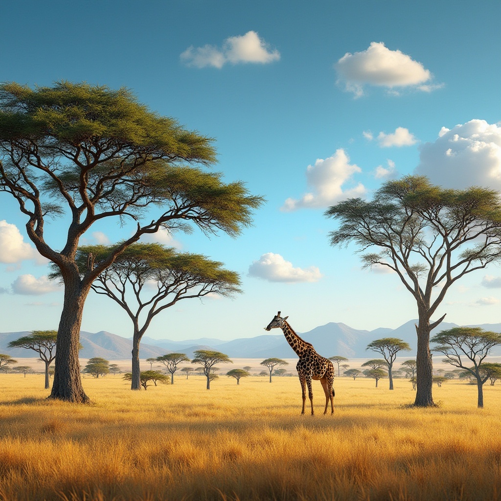 Prompt: Savannah landscape, sunny day, clear blue sky, few white clouds, Acacia trees with twisted branches, yellow grasslands stretching far, gentle hills in the distance, a giraffe roaming freely, eating leaves from tall trees, warm sunlight casting long shadows, 3/4 composition, cinematic lens, high contrast, vibrant colors, soft focus on background.