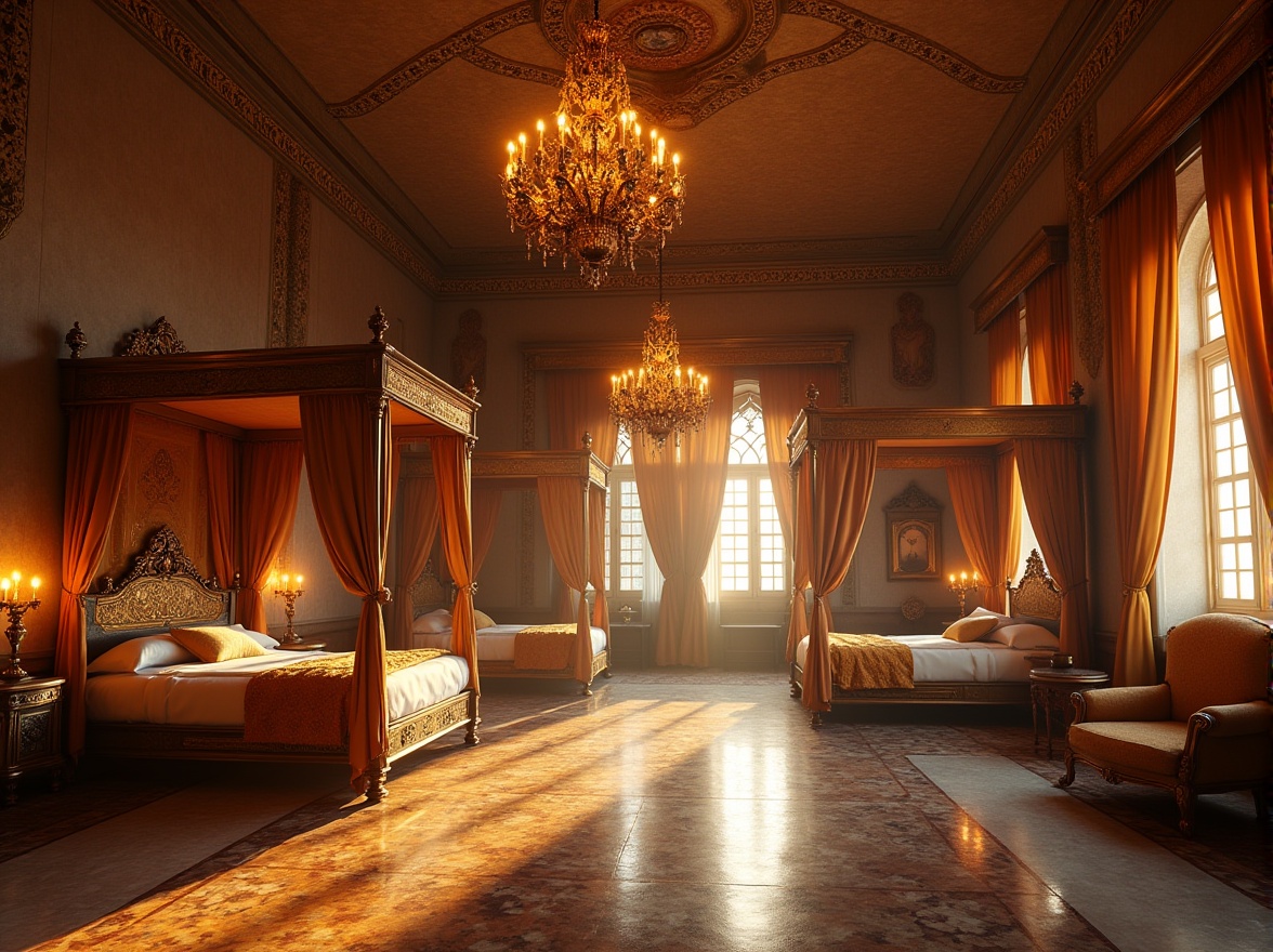 Prompt: Byzantine style dorm, majestic high ceiling, ornate golden chandeliers, warm yellow light, soft shadows on marble floor, intricate mosaics on walls, rich velvet drapes, regal four-poster beds, luxurious satin bedding, subtle morning sunlight through stained glass windows, warm afternoon glow, dramatic evening ambiance, low-key backlighting, warm color palette, ornate wooden furniture, lavish decorations, peaceful atmosphere.