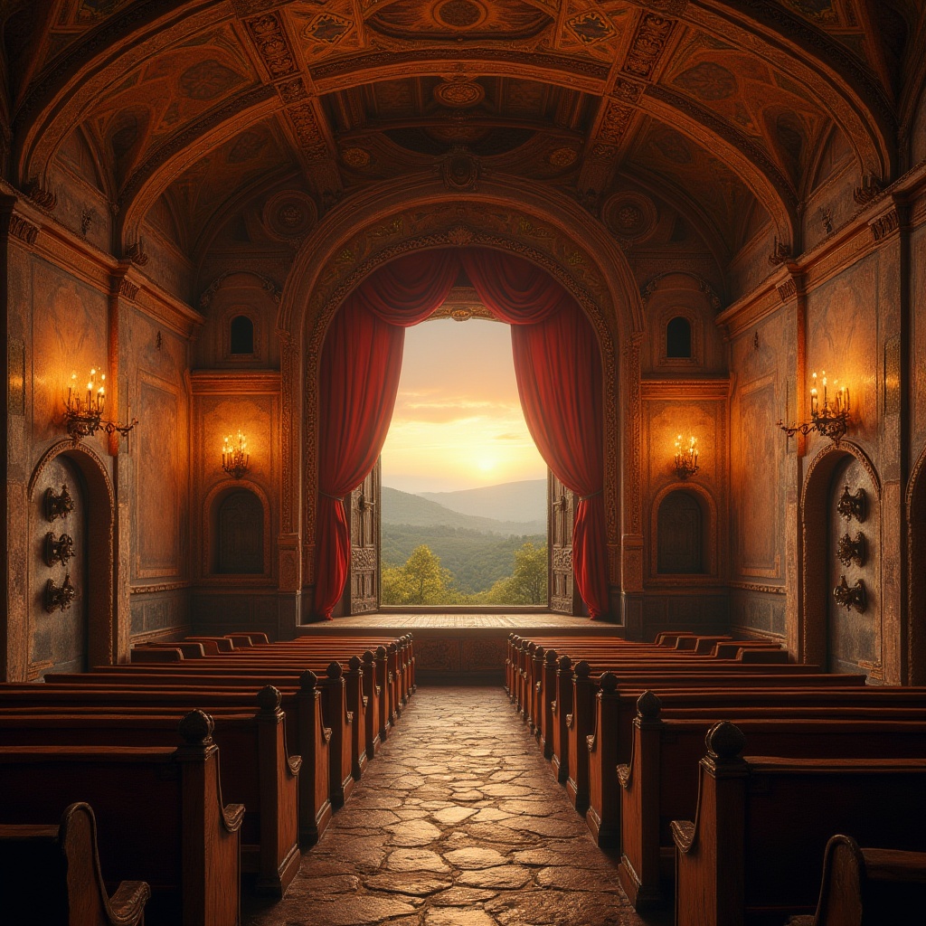 Prompt: Rural theater, Byzantine elements, ancient stone walls, intricate mosaics, golden domes, rustic wooden benches, vintage stage lights, crimson velvet curtains, ornate bronze door handles, frescoed ceiling, arched windows, rolling hills, countryside landscape, sunset atmosphere, warm soft light, dramatic shadows, 3/4 composition, panoramic view, ambient sound of crickets and wind.