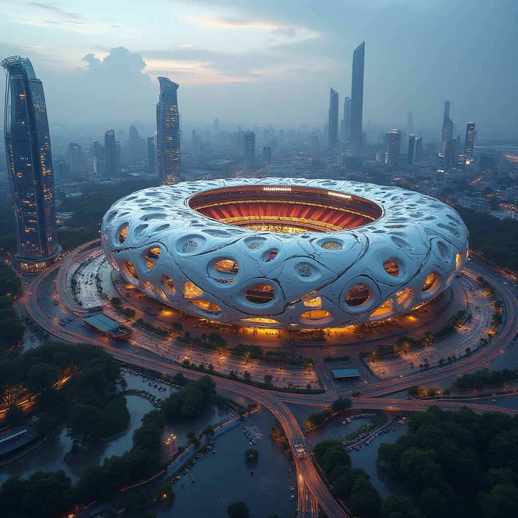 Prompt: Deconstructivist soccer stadium, futuristic, irregular shape, fragmented façade, sharp angles, dynamic curves, metallic materials, reflective surfaces, LED lighting, abstract sculptures, urban landscape, cityscape, modern skyscrapers, busy streets, evening atmosphere, warm glow, dramatic shadows, low-angle shot, wide-angle lens, high-contrast lighting.