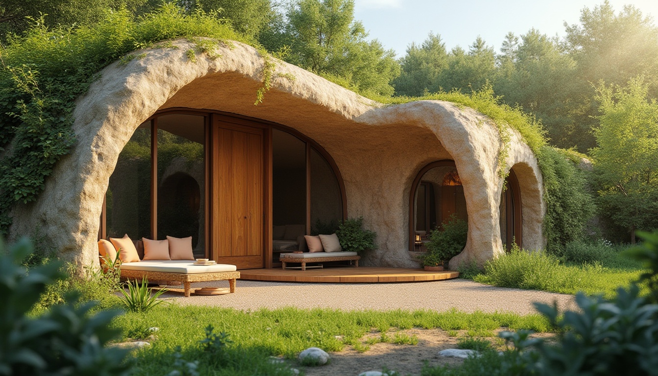 Prompt: Natural scenery, eco-friendly architecture, rammed earth material, sustainable building, modern villa, green roof, lush vegetation, wooden door, large windows, warm lighting, cozy atmosphere, comfortable seating area, natural texture, earthy color palette, organic shape, curved lines, peaceful ambiance, serene background, soft focus, cinematic composition.