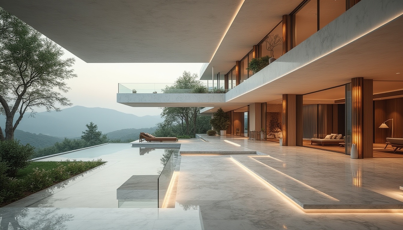 Prompt: Villa, modernist architecture, luxurious, grand entrance, high ceiling, minimalist interior, marble floors, floor-to-ceiling windows, panoramic views, lush greenery, private courtyard, infinity pool, sleek lines, geometric shapes, neutral color palette, warm ambient lighting, 3/4 composition, shallow depth of field, soft focus, cinematic atmosphere.