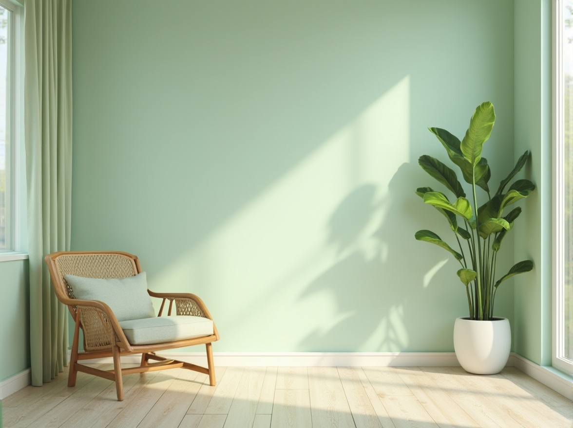 Prompt: Light green, pastel shade, modern design, interior decoration, Scandinavian style, minimalist, simple lines, sleek shapes, natural texture, wooden accents, plants, greenery, calm atmosphere, soft lighting, warm ambiance, cozy mood, relaxed composition, 3/4 view, gentle focus, blurred background, shallow depth of field.