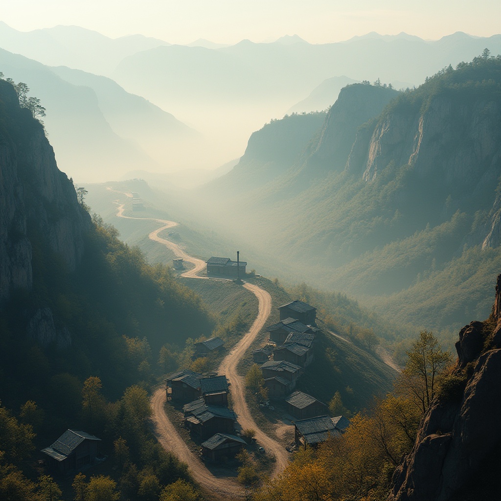 Prompt: Plateau regions, mountainous terrain, elevated landscape, rocky cliffs, sparse vegetation, limited infrastructure, traditional ethnic minority settlements, wooden houses, smoking chimneys, winding dirt roads, misty fog, soft morning light, warm color palette, cinematic composition, aerial view, 3/4 aspect ratio.