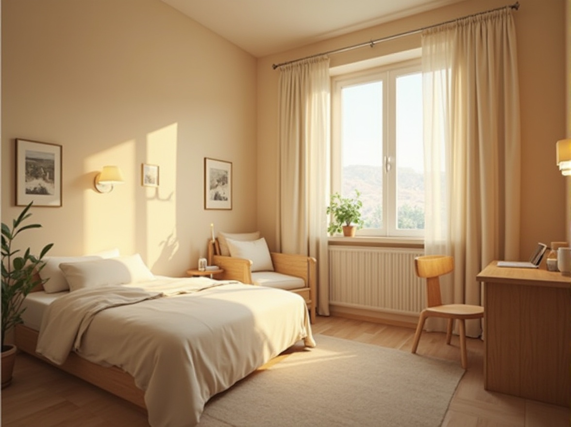 Prompt: cozy dorm room, beige walls, soft cream curtains, wooden furniture, minimalist decorations, calm atmosphere, warm lighting, comfortable bedding, plush carpet, soft focus, shallow depth of field, 3/4 composition, natural light pouring through window, subtle shadows, gentle color transition, relaxed ambiance.