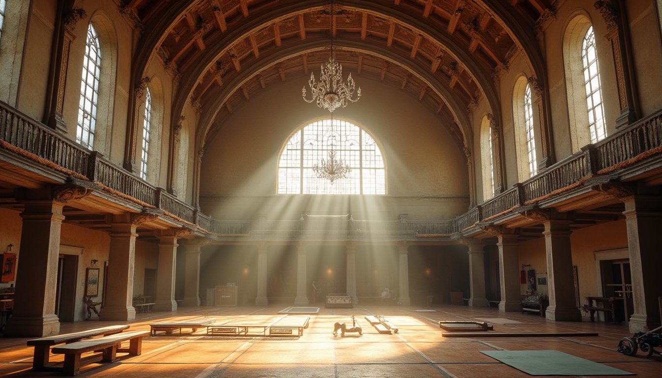 Prompt: Romanesque gymnasium interior, grand high ceiling, ancient stone walls, intricate archways, fiber-cement columns, ornate ironwork chandeliers, wooden gymnastic equipment, pommel horses, parallel bars, vaulting tables, athletic tracks, sporty atmosphere, soft warm lighting, afternoon sunbeams streaming through stained glass windows, subtle shadows, 3/4 composition, cinematic angle, HDR, ambient occlusion.