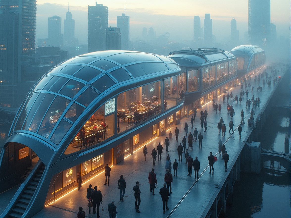 Prompt: Futuristic plateau tram station, modern architecture, sleek lines, silver metallic exterior, glass dome, LED lights, neon signs, bustling platform, rush hour, commuters in futuristic attire, hoverboards, virtual information displays, holographic advertisements, misty morning atmosphere, ambient lighting, high-angle shot, cinematic composition.