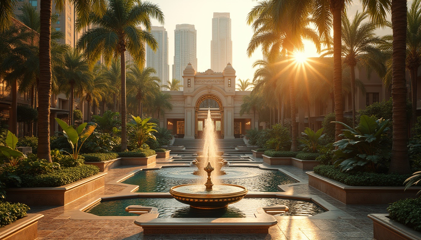 Prompt: Art Deco park, luxurious atmosphere, sunken gardens, ornate fountains, geometric patterns, metallic accents, curved lines, vibrant tropical plants, palm trees, symmetric walkways, grand staircases, intricate ironwork, warm golden lighting, sunset ambiance, 3/4 composition, low-angle shot, cinematic mood, ornate benches, mosaic tiles, elegant lamp posts, modern skyscrapers in the background.