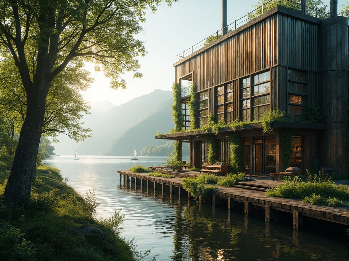 Prompt: Lakefront factory, green architecture, modern industrial building, copper material, metallic sheen, corrugated walls, large windows, natural light, wooden accents, steel beams, exposed pipes, lush greenery, vines crawling up walls, lake views, serene atmosphere, misty morning, soft sunlight, reflective water surface, ripples on the lake, sailboats in the distance, surrounding mountains, foggy backdrop, cinematic composition, high-angle shot, ambient occlusion, warm and soft lighting.