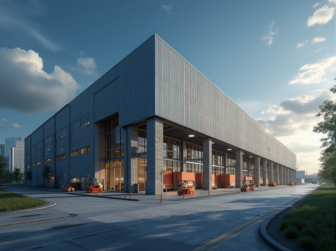 Prompt: Modern distribution center, industrial building, massive structure, steel frames, concrete walls, masonry materials, brick facade, stone cladding, corrugated metal roofs, large glass windows, sliding doors, loading docks, forklifts, busy workers, fluorescent lighting, high ceiling, exposed ductwork, urban landscape, cityscape, blue sky, cloudy weather, afternoon sun, dramatic shadows, cinematic composition, realistic rendering.