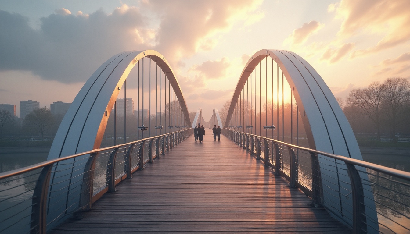 Prompt: Modern pedestrian bridge, sleek academic style, stainless steel structure, geometric shapes, minimalist railings, wooden or metal decking, subtle lighting, gentle curves, river or lake setting, sunset or twilight ambiance, soft warm colors, misty atmosphere, few pedestrians walking or standing, urban or natural landscape background, shallow depth of field, 3/4 composition, cinematic mood, high contrast, detailed texture.