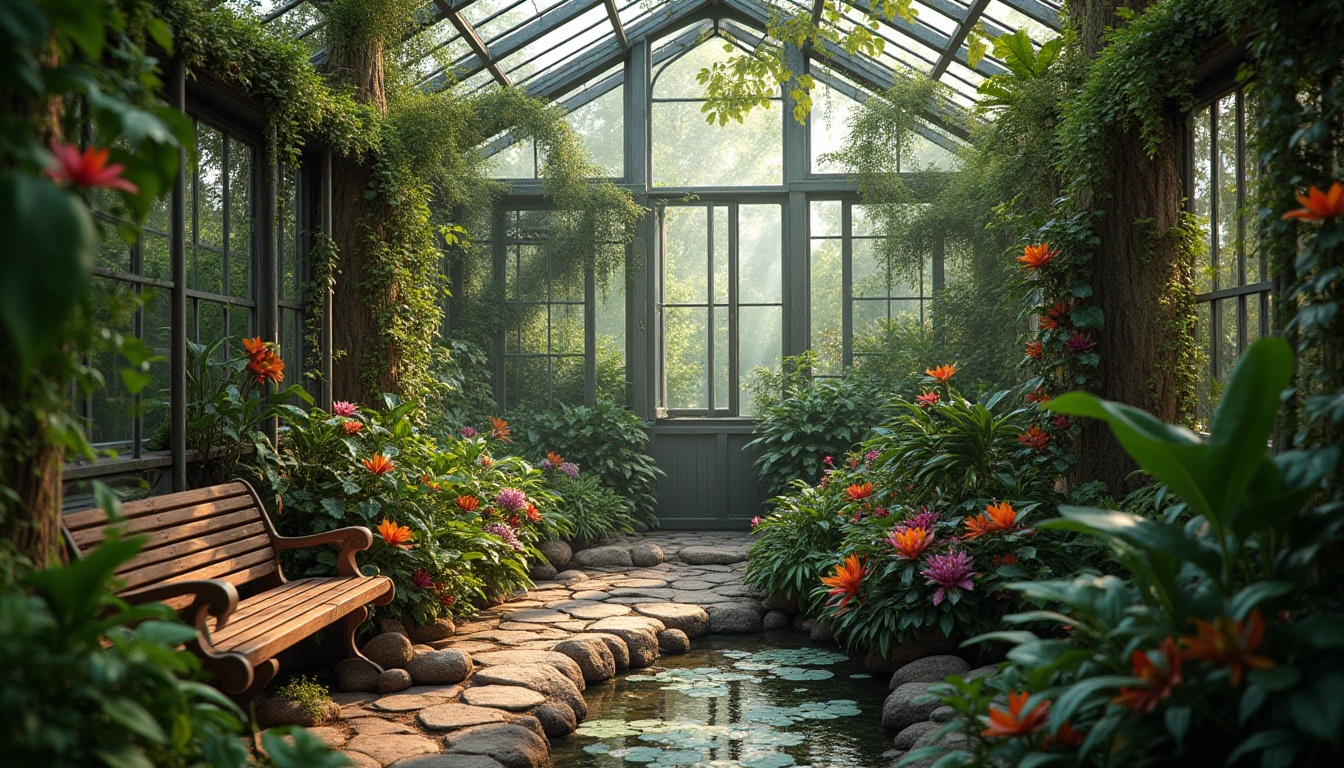 Prompt: Lush greenhouse, regionalism style, tropical plants, vines crawling on walls, exotic flowers blooming in vibrant colors, misty atmosphere, warm soft lighting, wooden benches surrounded by foliage, water features, small pond with lily pads, natural stone pathways, rustic metal frames, glass roof, 3/4 composition, panoramic view, warm color palette, cozy ambiance, serene backdrop.