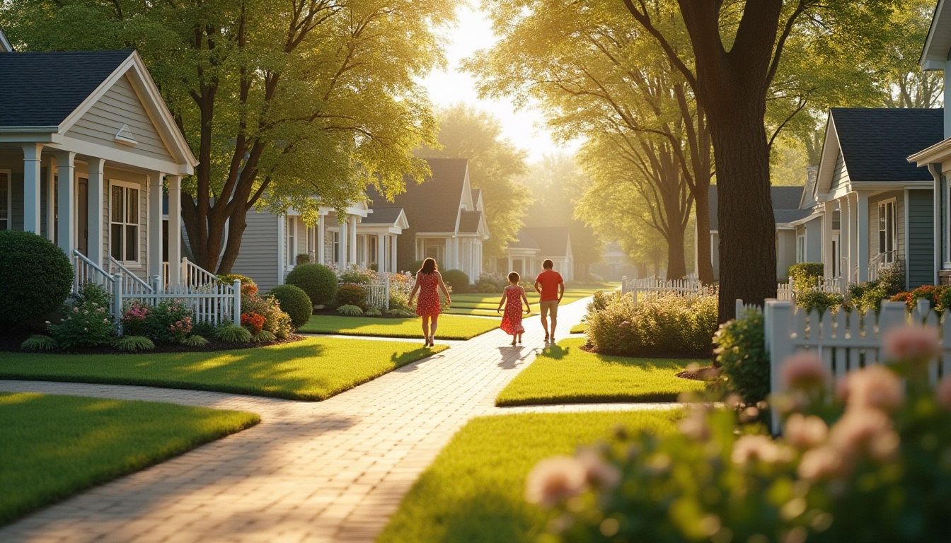 Prompt: Residential community, suburban neighborhood, tree-lined streets, single-family homes, white picket fences, manicured lawns, blooming flowers, children playing, parents chatting, warm sunny afternoon, soft golden lighting, 3/4 composition, depth of field, beautiful detailed background, realistic, ambient light, cinematic composition.