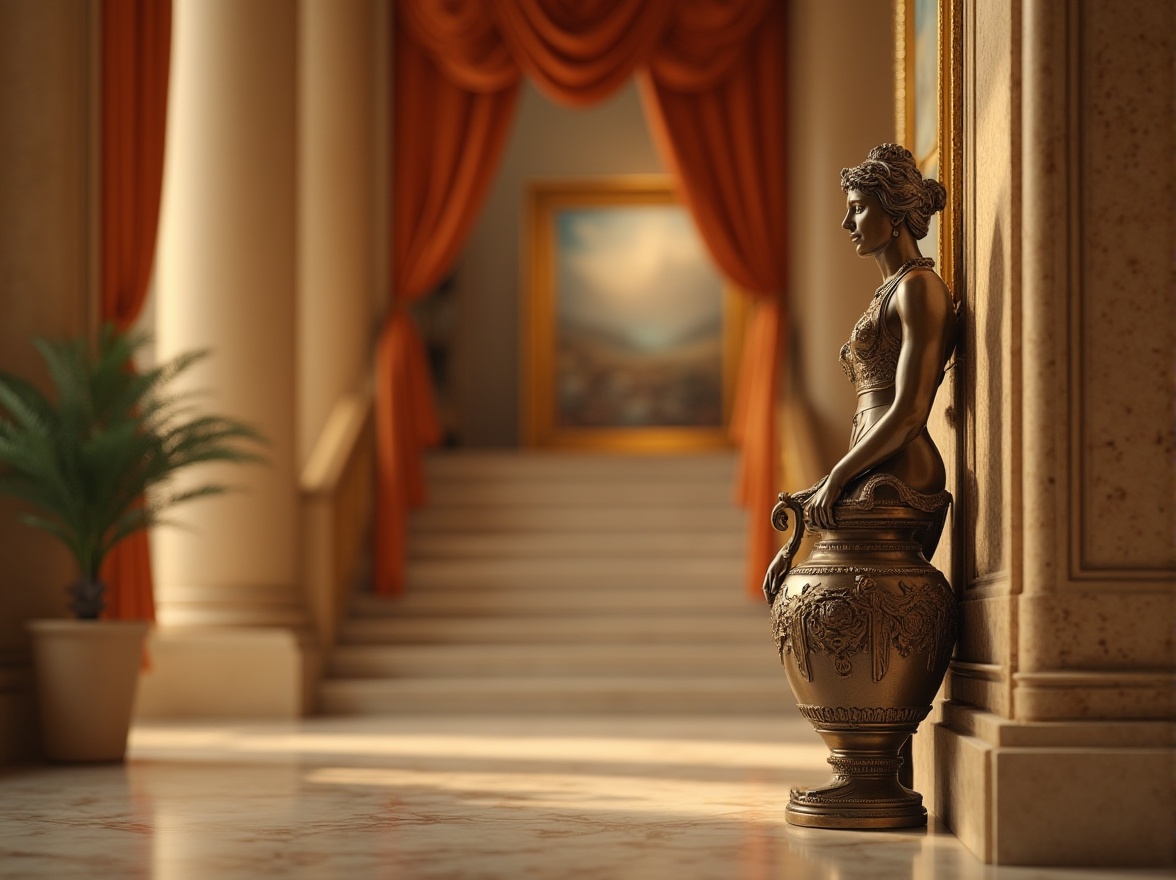 Prompt: Bronze statue, luxurious antique vase, ornate picture frame, ancient Greek architecture, elegant bronze door handles, warm golden lighting, soft focus, shallow depth of field, artistic composition, warm beige background, marble floor, grand staircase, majestic pillars, classic European-style interior design, rich velvet curtains, regal atmosphere, high-end luxury, cinematic rendering.