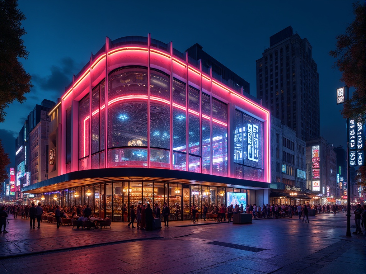 Prompt: Modern music venue, commercial district, urban nightlife, vibrant neon lights, sleek glass facade, metallic accents, futuristic architecture, bustling street scene, crowded sidewalks, trendy cafes nearby, nightclubs, bars, restaurants, LED billboard displays, cityscape backdrop, 3/4 composition, low-angle shot, dramatic lighting, warm color palette.