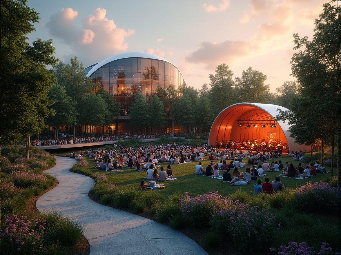 Prompt: Suburban landscape, contemporary performing arts center, sleek glass facade, curved architecture, surrounded by lush greenery, tall trees, vibrant flowers, winding pedestrian path, outdoor amphitheater, evening concert, warm stage lighting, audience seating, musicians on stage, diverse crowd, families with children, picnic blankets, sunset backdrop, soft focus, shallow depth of field, cinematic composition.