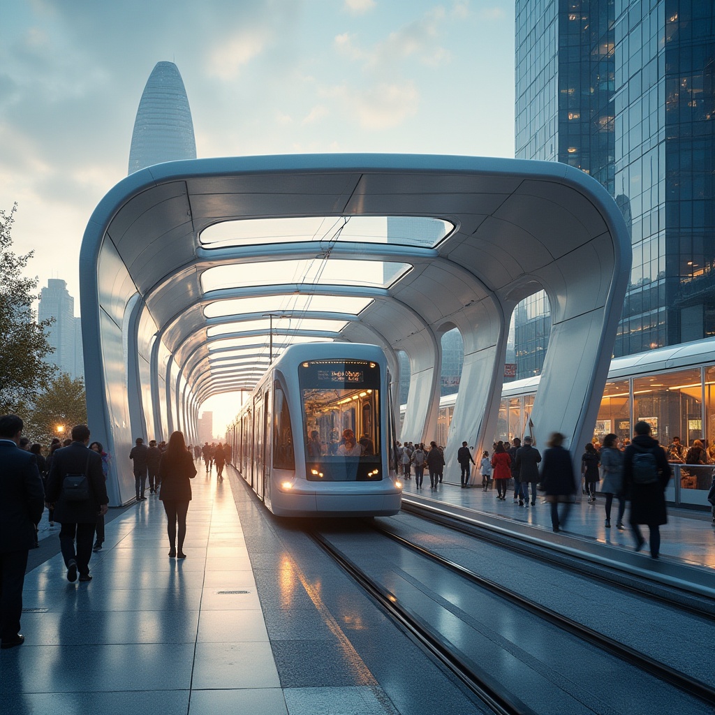 Prompt: Modern tram station, futuristic design, Lavacrete material, sleek lines, minimalist aesthetic, silver accents, LED lighting, transparent roof, natural light pouring in, bustling crowd, morning rush hour, cityscape background, distant skyscrapers, urban atmosphere, shallow depth of field, vibrant colors, high contrast, cinematic composition.