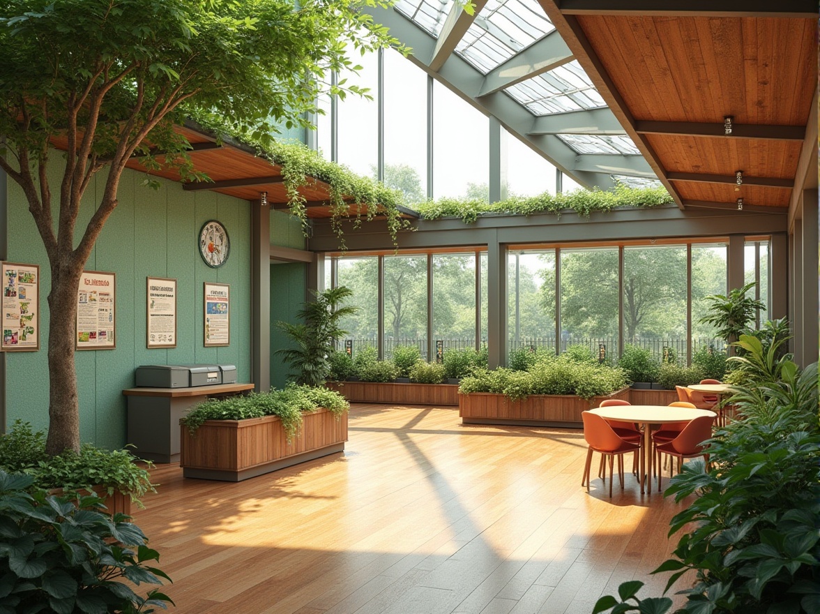 Prompt: Eco-friendly youth center, modern architecture, green roof, solar panels, recycled materials, natural light, open spaces, wooden floors, minimalist decor, plants everywhere, living walls, educational posters, recycling bins, composting area, outdoor garden, organic farm, birdhouses, butterfly garden, serene atmosphere, soft natural lighting, warm colors, 3/4 composition, panoramic view.