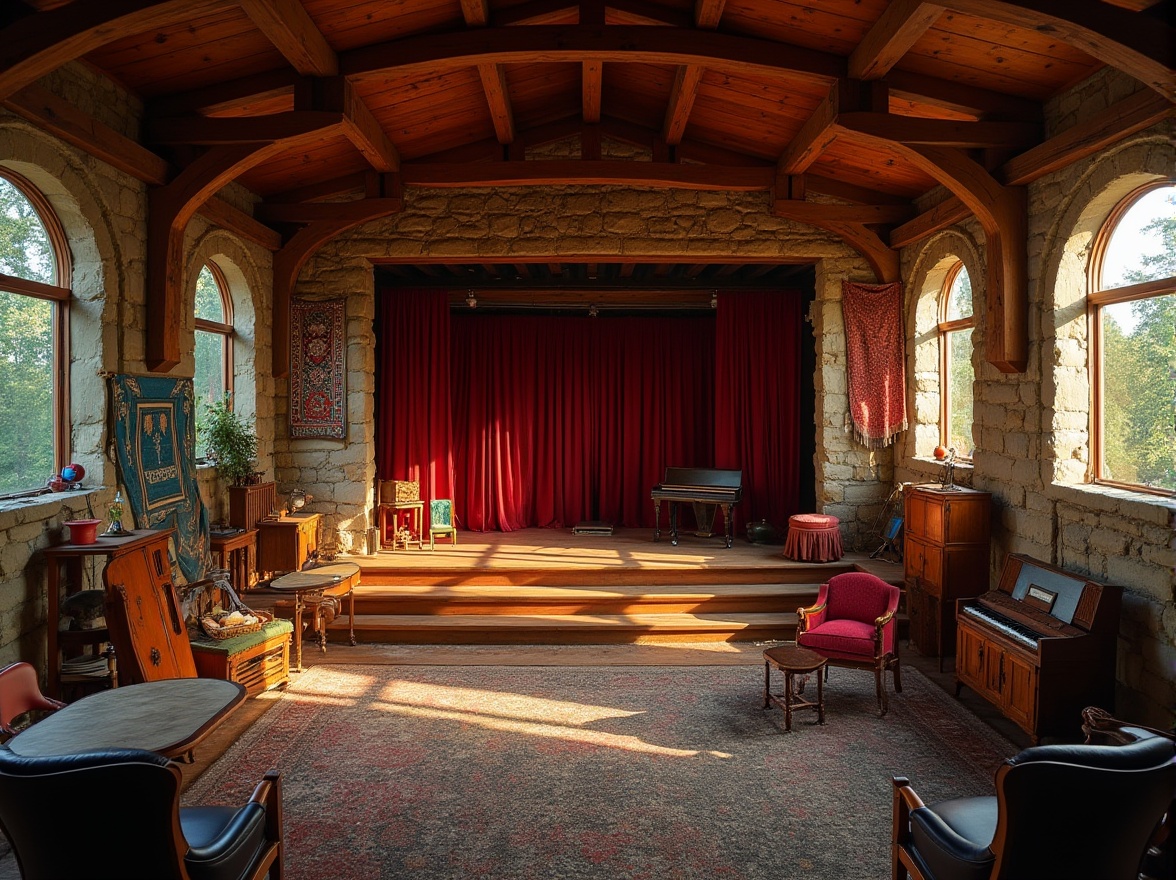 Prompt: Rustic performing arts center, wooden beam ceiling, stone walls, large windows, natural lighting, cozy atmosphere, wooden stage, velvet curtains, audience seating, eclectic mix of vintage and modern furniture, vibrant colorful tapestries, instrumental decorations, warm softbox lighting, 3/4 composition, shallow depth of field, cinematic mood, afternoon sunlight, gentle shadows, subtle texture, earthy tones.