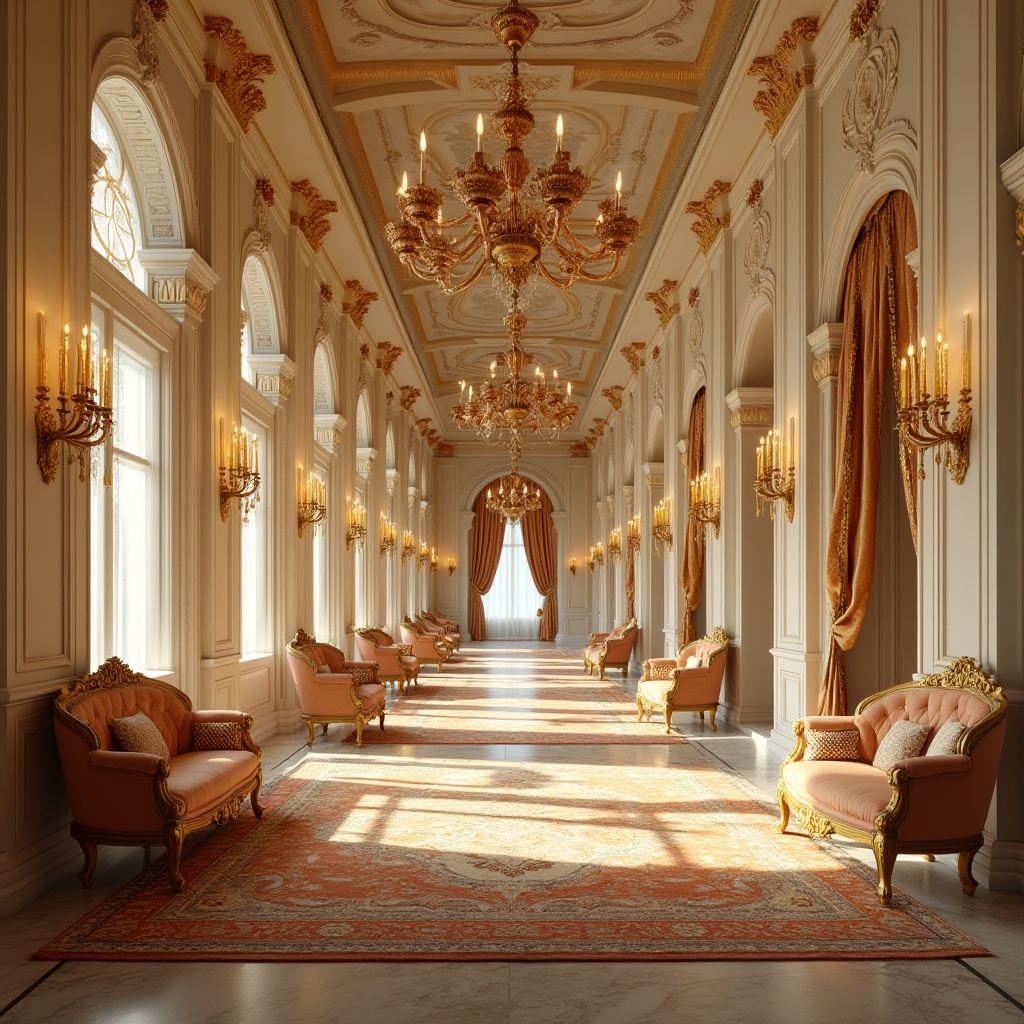 Prompt: Byzantine style interior, cream color walls, golden ornate decorations, intricate patterns on carpets, luxurious velvet furniture, majestic chandeliers, grandiose arches, marble floors with inlaid mosaics, opulent curtains with tassels, regal atmosphere, warm soft lighting, 3/4 composition, shallow depth of field.