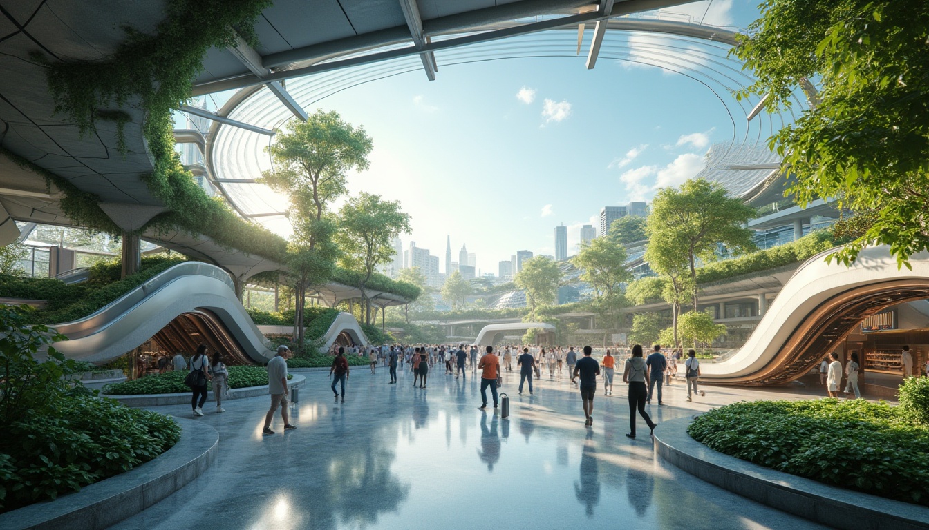 Prompt: Futuristic transportation hub, curved lines, organic shapes, green roofs, lush vegetation, natural light pouring in, elegant glass ceiling, stainless steel beams, marble floors, sleek escalators, modern LED lights, blurred motion, commuters rushing by, busy atmosphere, morning rush hour, urban jungle, cityscape, blue skies, white clouds, warm sunny day, cinematic composition, shallow depth of field, bokeh effect.