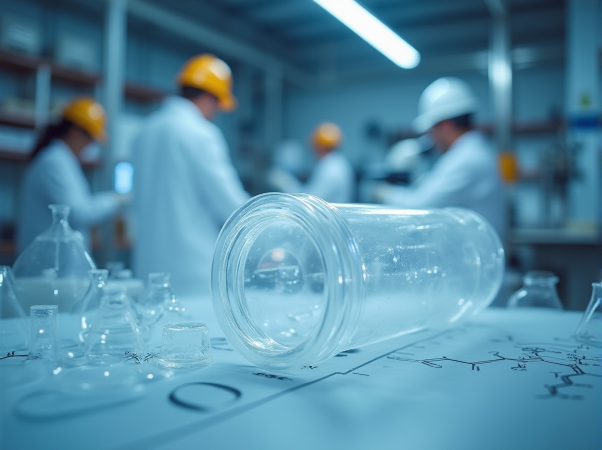 Prompt: Polyethylene materials, translucent, glossy, reflective, chemical structure, molecular composition, industrial setting, factory background, pipes, machinery, valves, technical drawings, diagrams, safety helmets, gloves, lab coats, researchers, scientists, microscopes, beakers, test tubes, modern laboratory, fluorescent lighting, minimalistic composition, shallow depth of field.