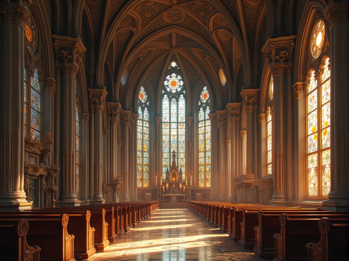 Prompt: Intricate, ornate, stained glass windows, grand, high ceilings, curved lines, flowing organic forms, golden accents, Gothic-inspired arches, ribbed vaults, ornate capitals, decorative columns, floral patterns, foliage motifs, intricate carvings, mosaics, marble floors, majestic altarpieces, dramatic lighting, warm ambiance, serene atmosphere, peaceful, grandiose, symmetrical composition, wide-angle shot, low-angle shot, detailed close-ups, soft natural light, subtle color palette, vintage tone.