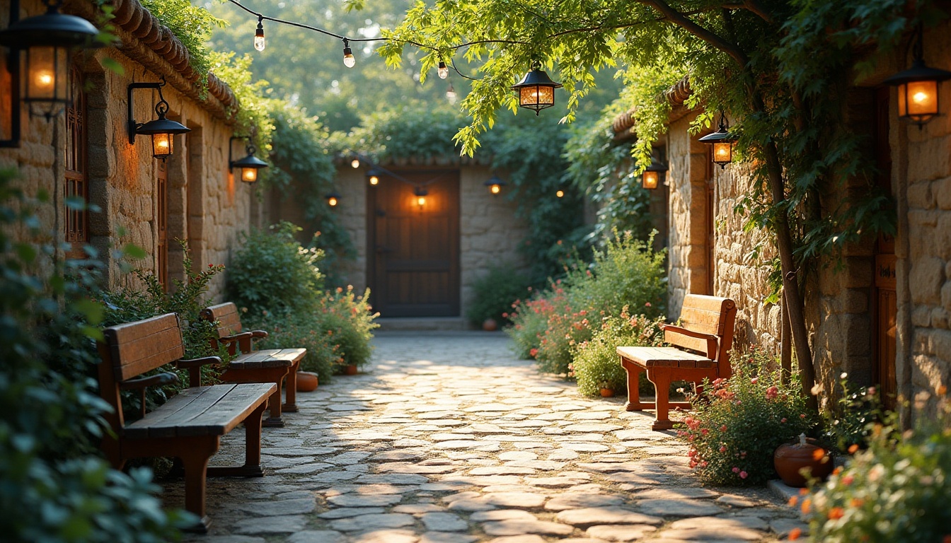 Prompt: Masonry material, outdoor spaces, natural stone walls, rough-hewn stones, earthy tone, rustic texture, ivy-covered walls, old-fashioned lanterns, wooden benches, lush greenery, flowers blooming around the base, soft sunlight filtering through trees, warm afternoon ambiance, serene atmosphere, 3/4 composition, low-angle shot, cinematic lighting, natural colors, realistic rendering.