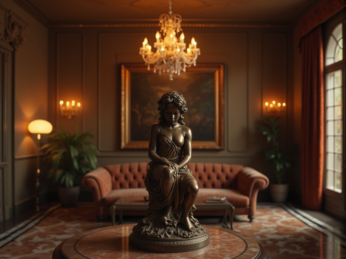 Prompt: Bronze statue, luxurious interior, elegant living room, golden ratio composition, warm bronze tone, ornate frame, velvet couch, marble floor, crystal chandelier, dim softbox lighting, shallow depth of field, warm ambient Occlusion, cinematic mood, Old European style, mysterious atmosphere, bronze metallic texture, intricate details, symmetrical arrangement.