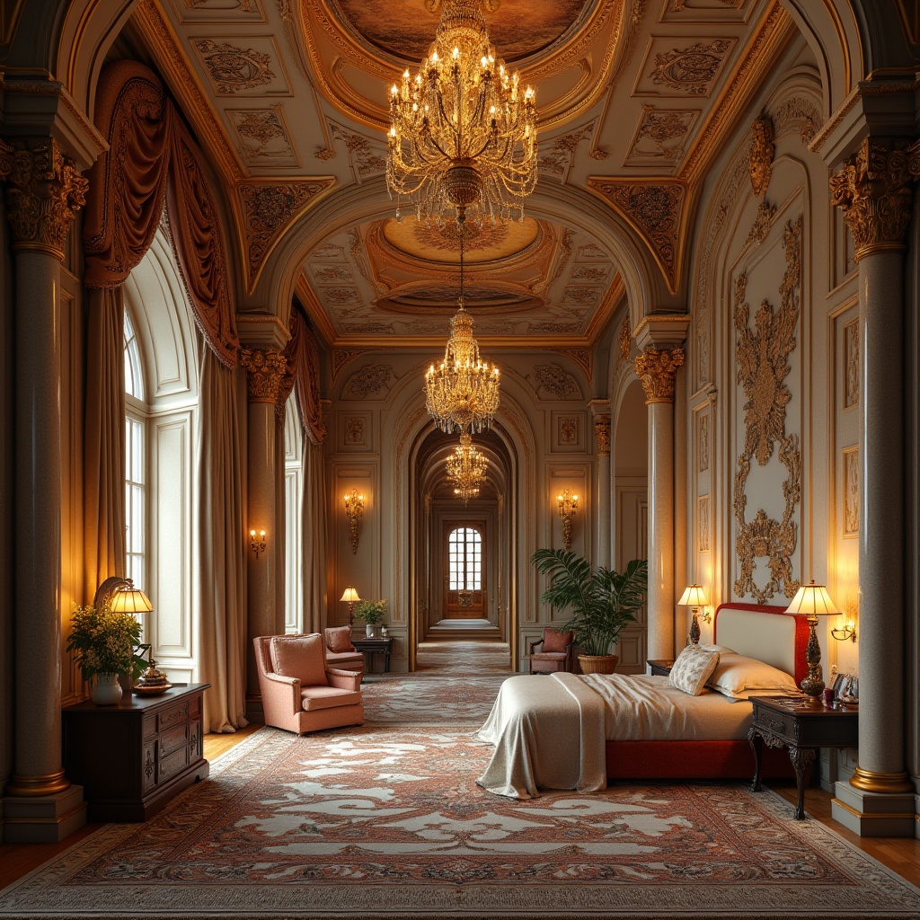 Prompt: Byzantine dorm design, luxurious interior, ornate plaster material, golden accents, intricate patterns, arched ceilings, grand chandeliers, lavish furnishings, velvet drapes, richly patterned carpets, ornamental columns, majestic architecture, warm soft lighting, detailed textures, realistic ambiance, cinematic composition.