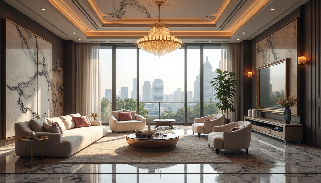 Prompt: Marble material, luxurious interior design, sleek lines, high-end furniture, velvet sofa, ornate coffee table, grand chandelier, spacious living room, floor-to-ceiling windows, city skyline view, daytime, soft natural light, 3/4 composition, cinematic ambiance, realistic reflections, detailed textures.