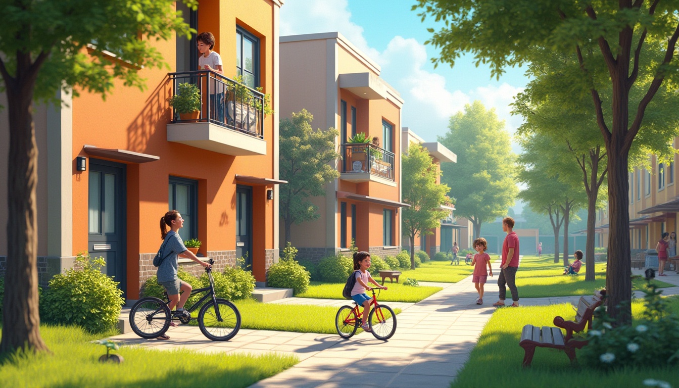 Prompt: Residential community, suburban area, modern architecture, row of houses, colorful facades, balconies with flower pots, bicycles parked outside, children playing in the yard, mothers watching from windows, sunny afternoon, gentle breeze, trees lining the street, vibrant green lawns, walkways with benches, schools in the background, vibrant murals on walls, diverse ethnicities of kids, smiling faces, joyful atmosphere, warm lighting, shallow depth of field.