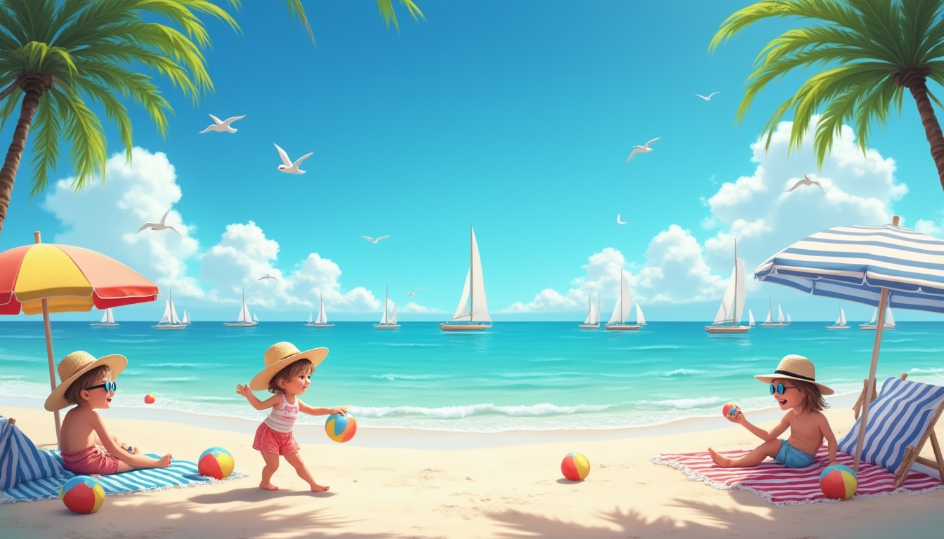 Prompt: vibrant atmosphere, blue dominant color, bright sunny day, clear sky, fluffy white clouds, beautiful beach scene, palm trees swaying gently, calm turquoise ocean water, sailboats drifting slowly, seagulls flying overhead, happy children playing with beach balls, colorful beach umbrellas, striped towels lying on the sand, sunglasses, summer hats, smiling faces, relaxed posture, casual clothing, soft focus background, shallow depth of field, cinematic composition, warm lighting.