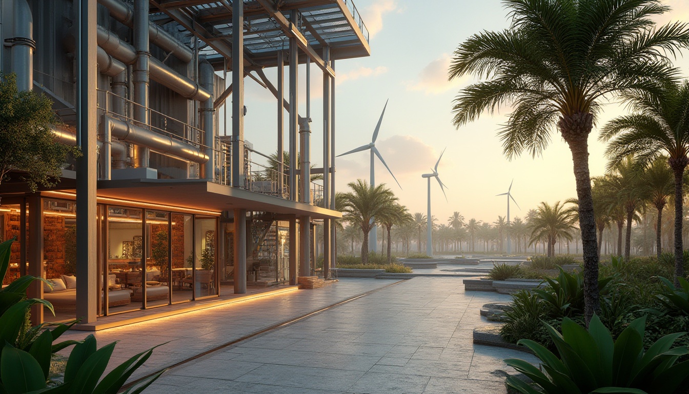 Prompt: Savanna-inspired energy plant, minimalist, industrial pipes, metallic structure, solar panels, wind turbines, greenery surroundings, tropical trees, African-inspired patterned walls, concrete floors, steel beams, LED lighting, futuristic ambiance, panoramic view, 3/4 composition, soft natural light, warm color tone, serene atmosphere.