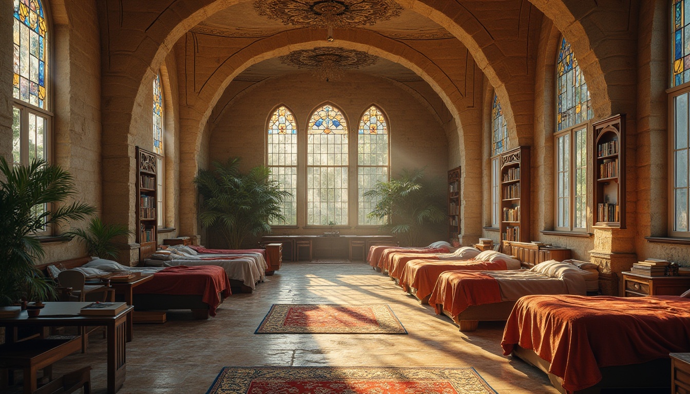 Prompt: Byzantine-style dormitory, ornate stone walls, high ceilings, large windows with stained glass, comfortable beds with soft mattresses, modern amenities like flat-screen TVs, mini refrigerators, air conditioners, wooden desks with ergonomic chairs, bookshelves filled with ancient tomes, marble floors, intricate mosaics, vaulted ceilings, cozy reading nooks, warm lighting, plush carpets, elegant chandeliers, students studying or relaxing in a peaceful atmosphere, afternoon sunlight streaming through the windows, subtle smell of old books and coffee.