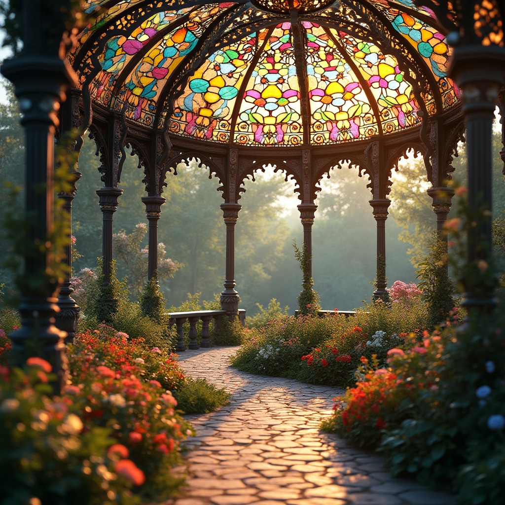 Prompt: Colorful pavilion, stained glass walls, vibrant colored glass ceiling, refracting sunlight, kaleidoscope effect, warm ambient lighting, intricate metal framework, ornate details, Gothic architecture inspiration, botanical garden setting, lush greenery surrounding, flowers blooming in every color, winding stone path leading to the pavilion, soft focus, warm afternoon light, 3/4 composition, depth of field.